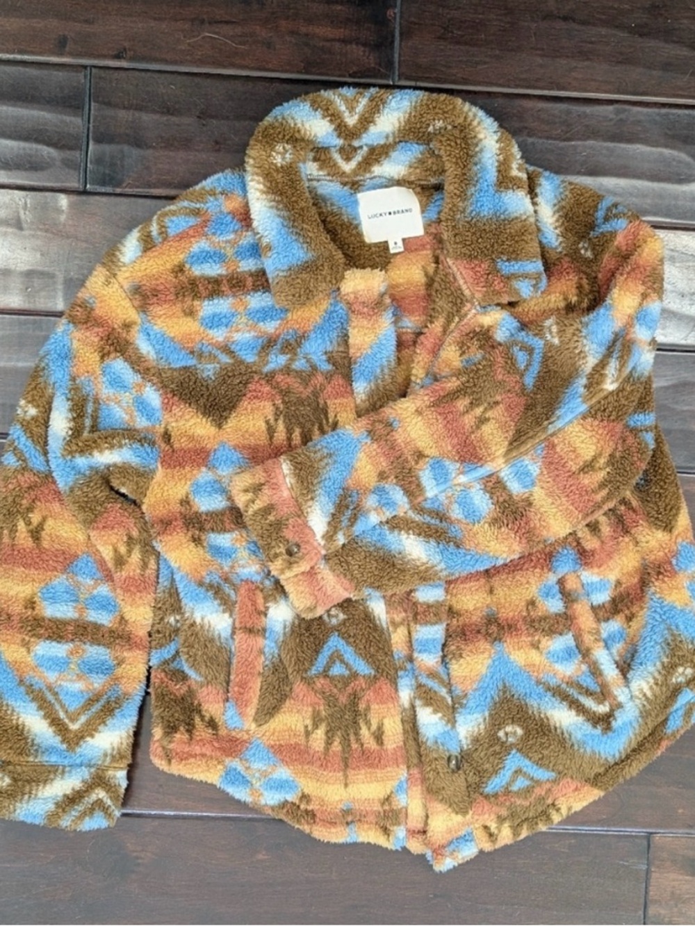 Lucky Brand Tribal Boho Teddy Sherpa Jacket Coat New M - Picture 2 of 3